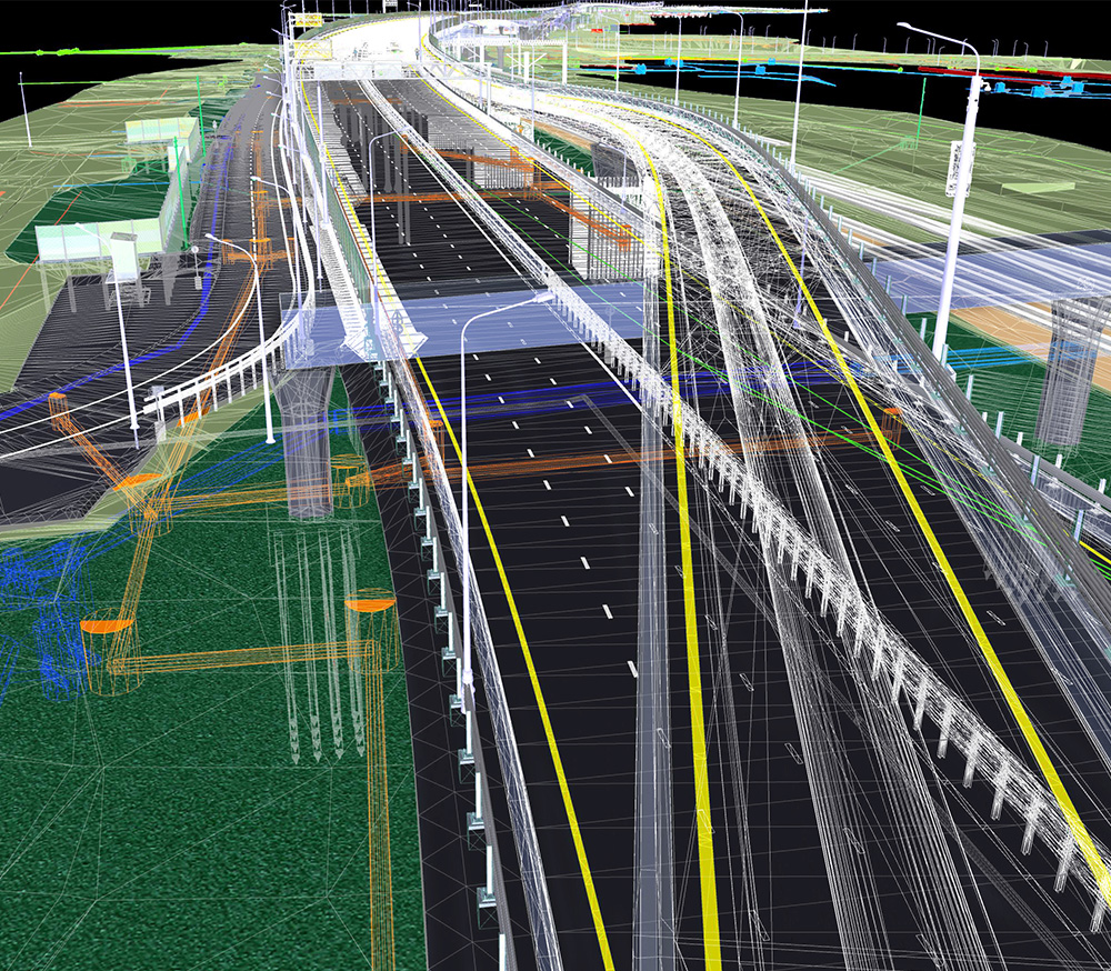 Das BIM-Modell des Objekts der Verkehrsinfrastruktur in Drahtgitteransicht